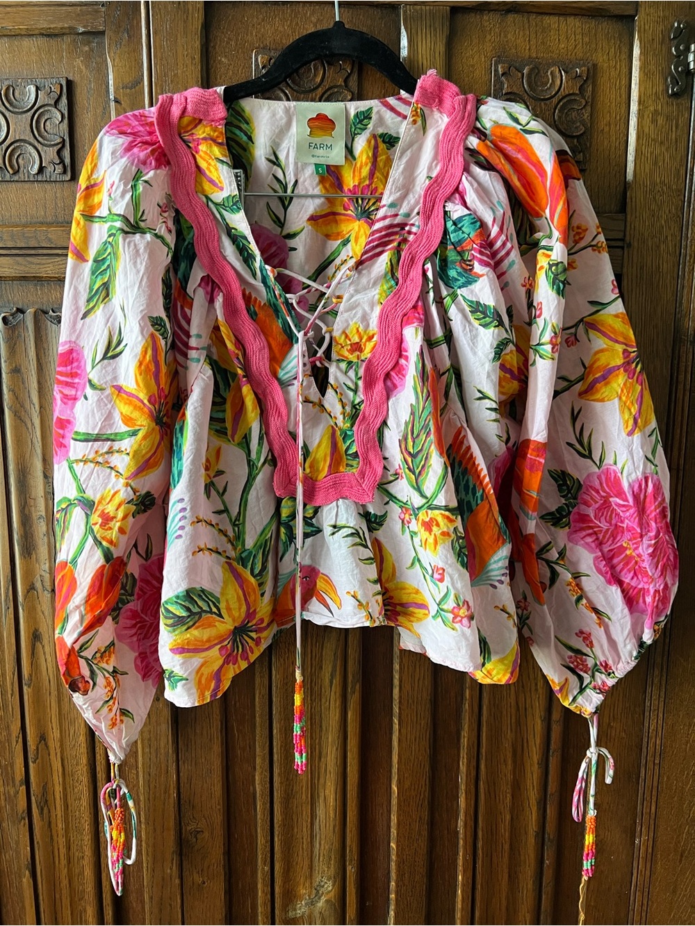 Farm Rio Tropical Floral Puff Sleeve Blouse Pink Ric Rac Small